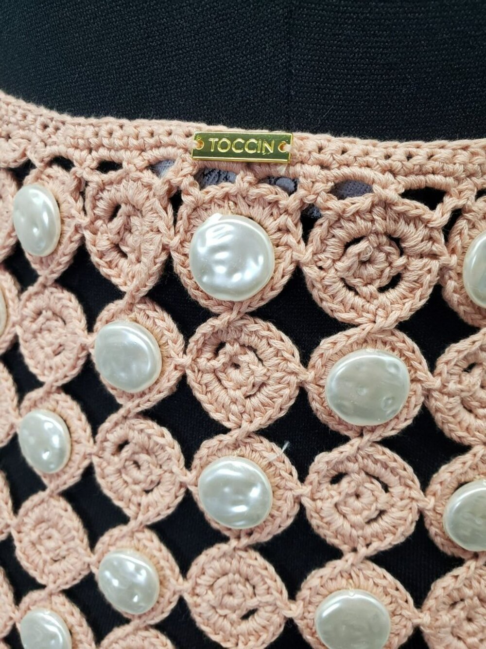Toccin Pink Crochet Faux Mother of Pearl Button Rosette Halter Maxi Dress - Picture 8 of 15